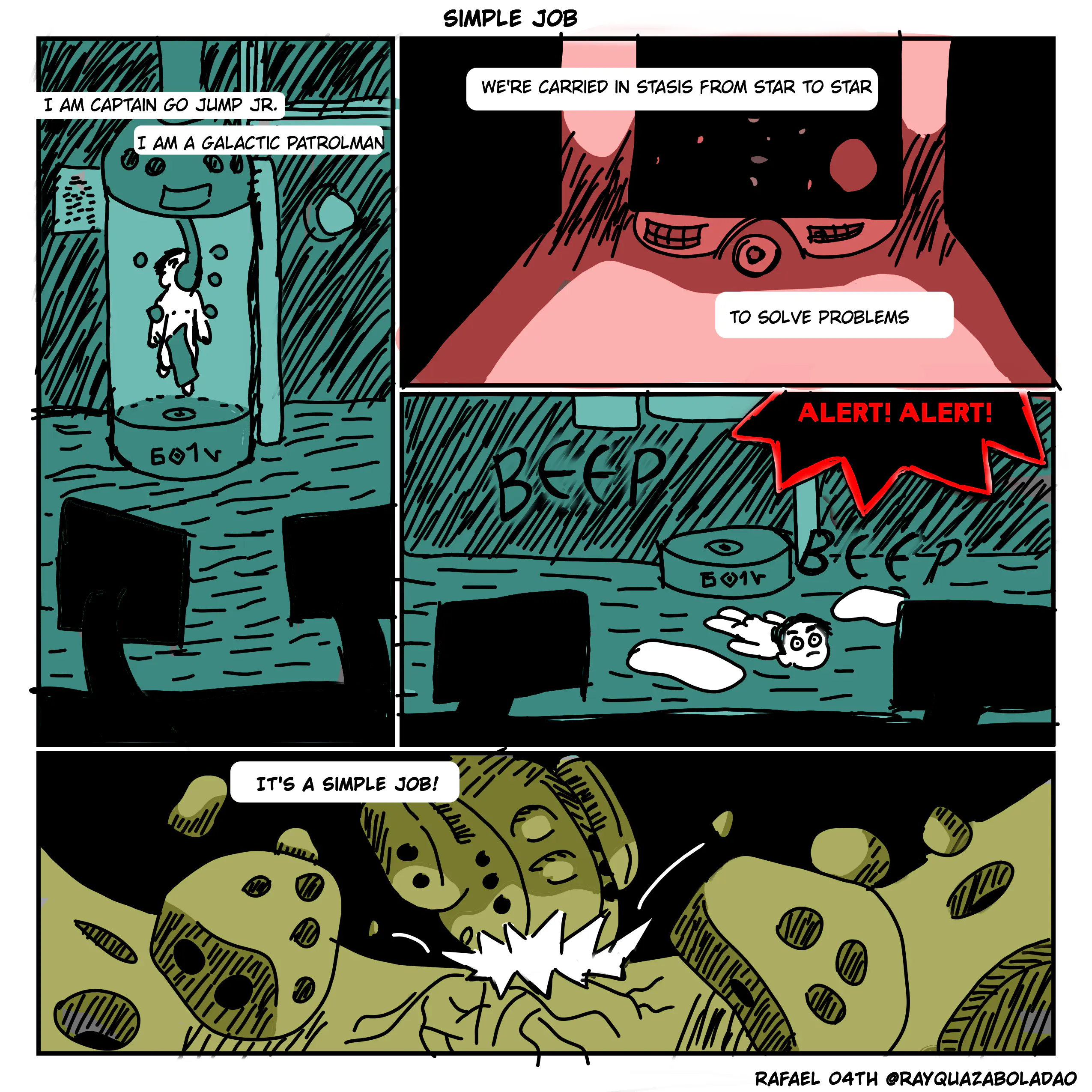 a figure floating in a tube. narration: "my name is go jump junior. i am a galactic patrolman." view of the ship command room. narration: "we're carried in stasis from star to star to solve problems."  the tube has oppened, jump is now fallen on wet ground, the alarm BEEPS and screams: "ALERT! ALERT!". outside,  the ship has collided on a asteroid. narration: "it's a simple job!"